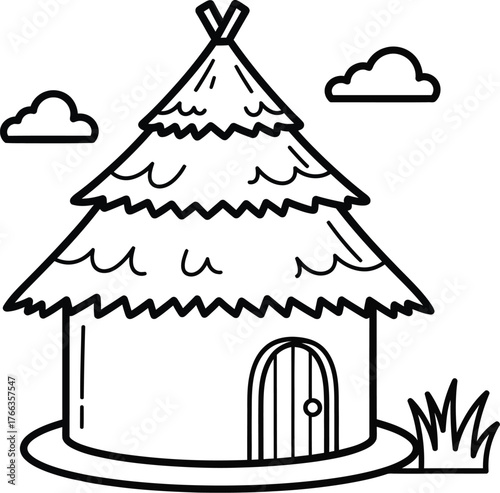 Simple hand drawn outline of a conical hut with a thatched roof and a small door surrounded by grass and clouds