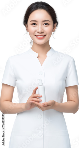 Smiling Asian nurse in white uniform holding skincare bottle isolated on transparent background