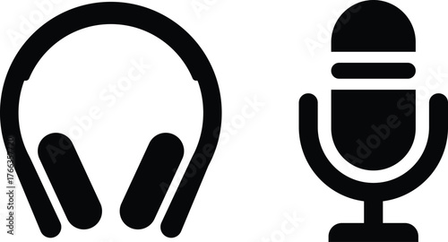 Black outline headphones and microphone icons on white background audio sound