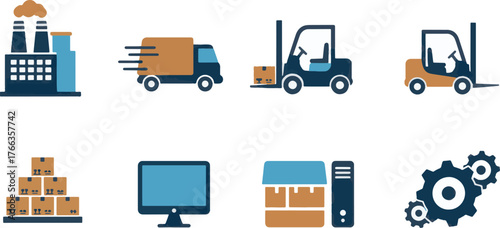 Comprehensive vector icons illustrating various aspects of industrial operations, logistics, and modern supply chain management processes