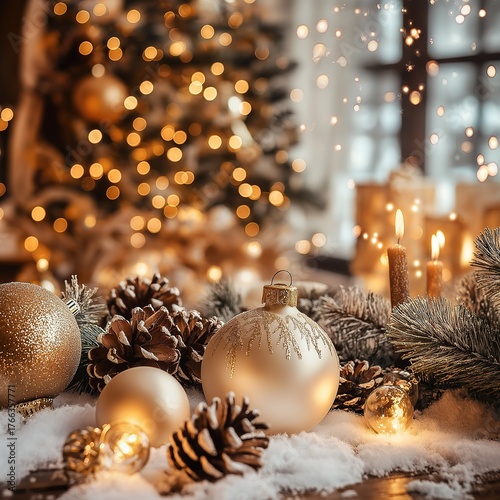 Cozy Christmas Still Life: Snowy Gold Baubles, Frosted Pine, Golden Tree Bokeh
