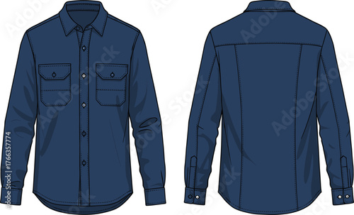 Shirt, button, long-sleeve, collar, pocket, flap, chest, tailored, apparel, clothing, garment, fashion, technical, flat, sketch, vector, illustration, design, template, classic