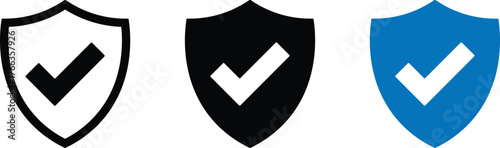 Three shield icons with checkmarks in black white and blue tick security