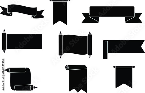 Set of classic scroll, ribbon, and banner shapes in black silhouette for versatile graphic projects