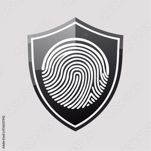 A monochrome vector icon of a fingerprint enclosed within a protective shield, symbolizing biometric security and digital identity verification