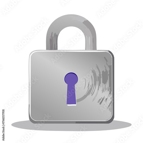 A secure silver padlock with a purple keyhole against a white background symbolizing safety and protection