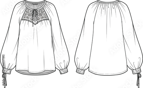 Blouse, top, women, long, sleeve, voluminous, puff, ribbon, tie, yoke, lace, embroidered, keyhole, neckline, apparel, clothing, garment, fashion, sketch, template