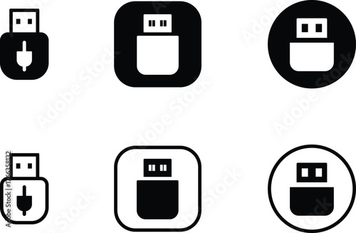 Six black and white U S B flash drive icons in different shapes memory stick storage