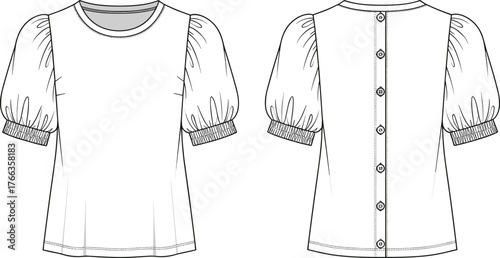 Blouse, top, women, puff, sleeve, short, round, neckline, button, back, closure, apparel, clothing, garment, fashion, technical, flat, sketch, vector, template