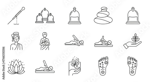 Set of wellness and spa icons simple line art vector symbols for massage and relaxation isolated on white background