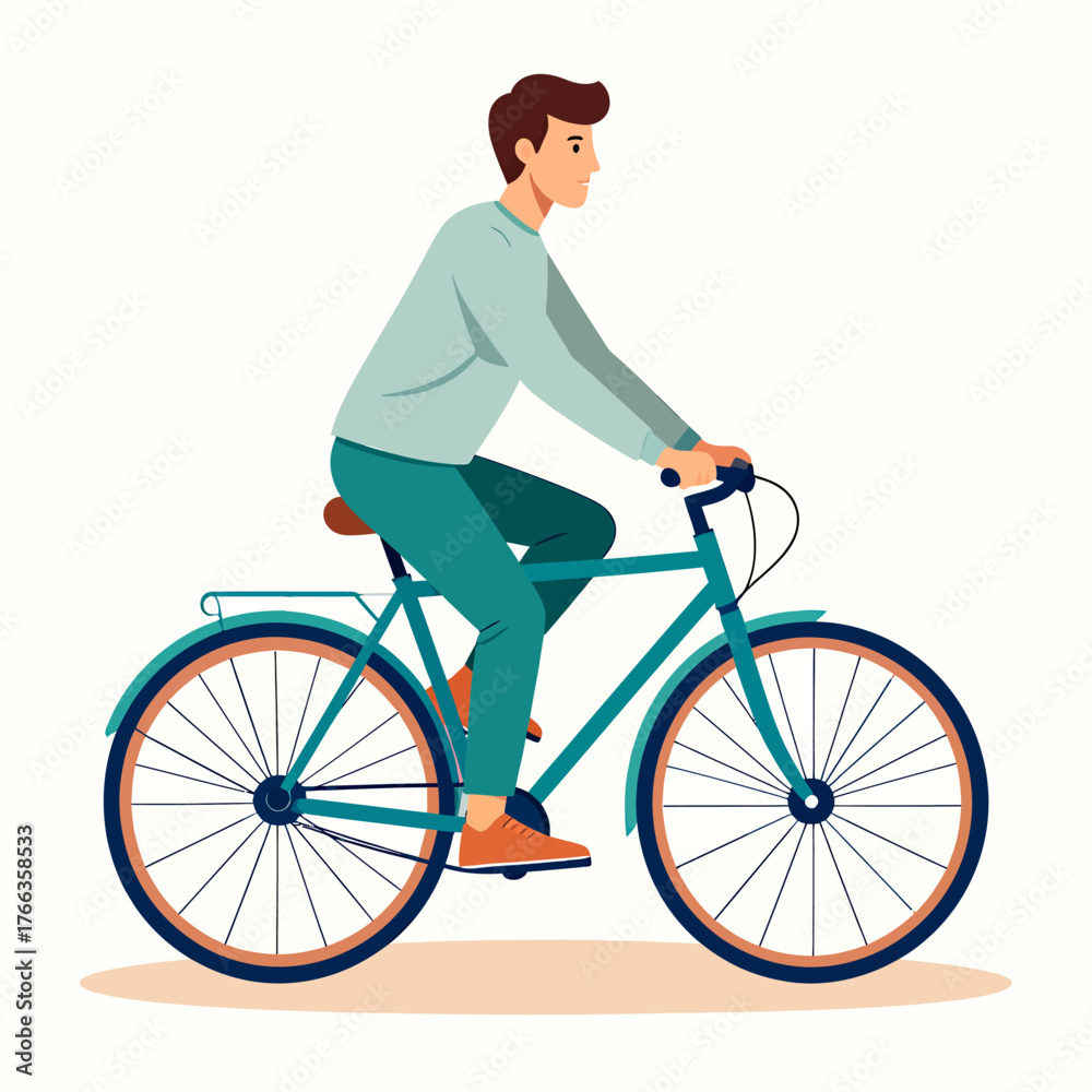 Naklejka premium An illustration of a young man in casual attire riding a teal bicycle on a plain white background, depicted in profile.