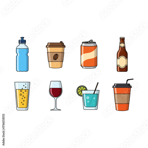 Collection of diverse beverages in flat design style including water bottle coffee cup soda can and glass of wine