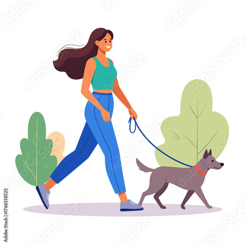 A smiling woman with long brown hair walks her grey dog on a leash in a park with stylized bushes.