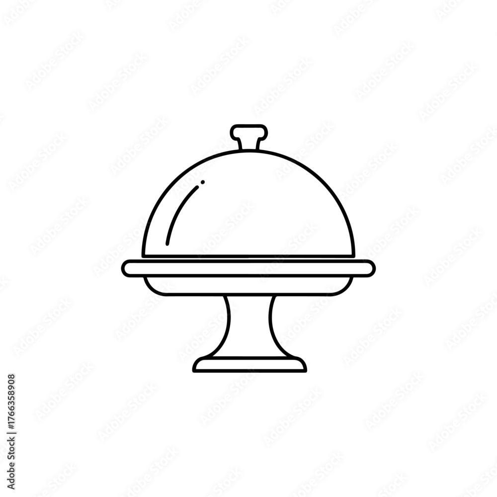 Naklejka premium Restaurant Food Serving Cloche Covered Dish with Handle on a Stand Icon Simple Outline Isolated on White Background Vector