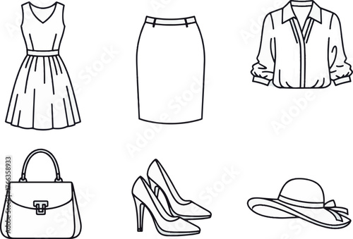 Line Art Clothing Collection Dress, Skirt, Blouse, Handbag, Heels, and Sun Hat