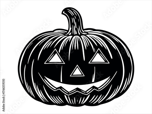A spooky carved pumpkin with triangular eyes and a toothy grin isolated on transparent background