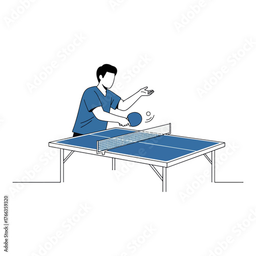 Man playing table tennis sport with racket and ball on a blue ping pong table with net illustration