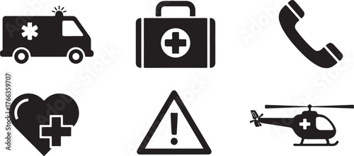 Set of medical emergency icons including ambulance first aid kit phone heart and helicopter vector