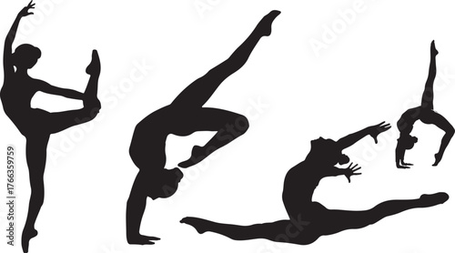 Dynamic gymnastics silhouettes capturing athletic poses and graceful movements in action vector