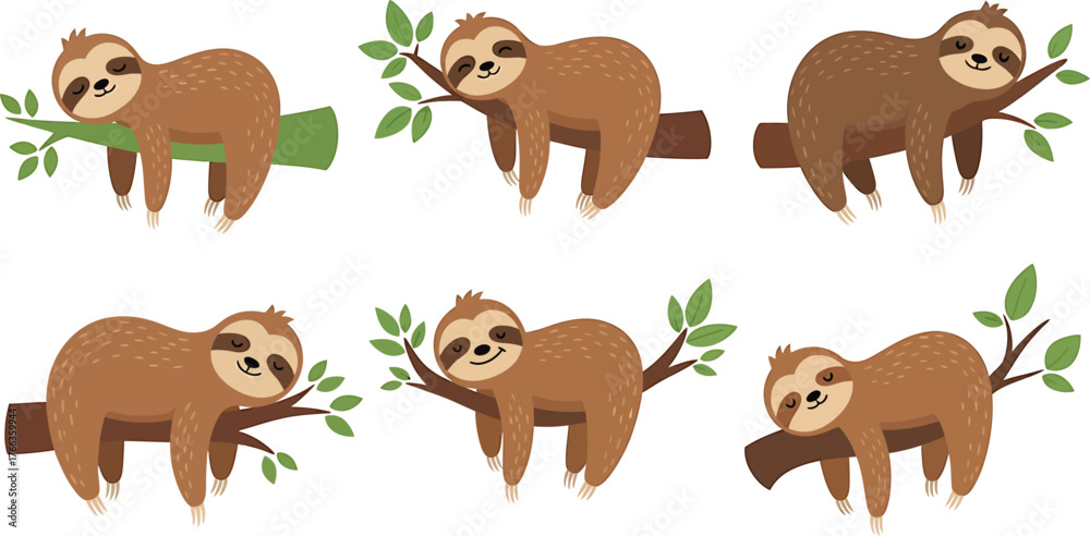 Fototapeta premium Adorable Brown Sloths Hanging on Tree Branches Cartoon Vector Illustration Six Cute Lazy Sloths in Various Relaxing Poses on Branches Tropical Rainforest Wildlife