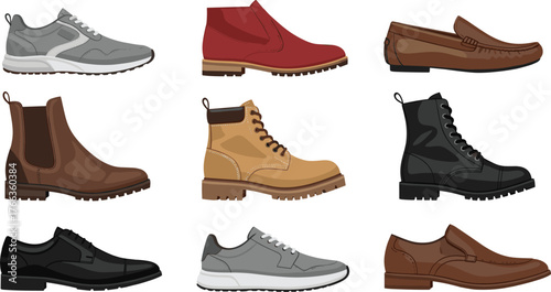 Men’s shoes, footwear collection, fashion style, leather boots, dress shoes, sneakers, casual wear, stylish design, shoe grid, retail display