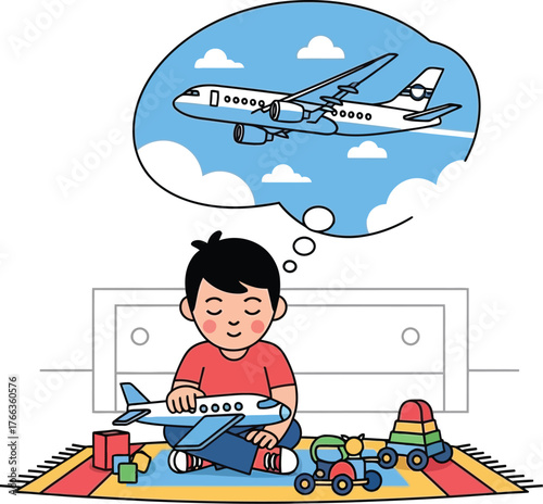 Vector art of boy sitting on the floor dreaming about flying with a toy airplane