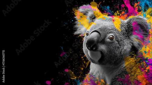 A grayscale koala head emerges from vivid paint splashes against a bold black background and glow!!!