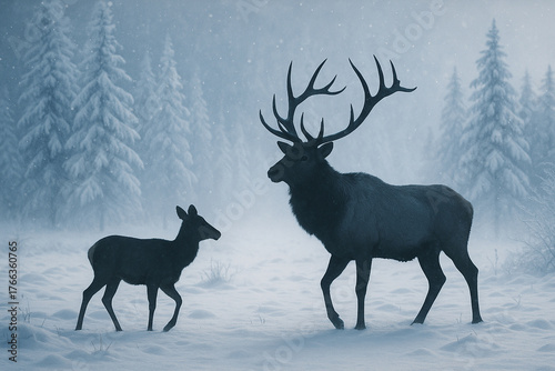 Elk Silhouettes in Blue Fog / 青霧に浮かぶエルクのシルエット