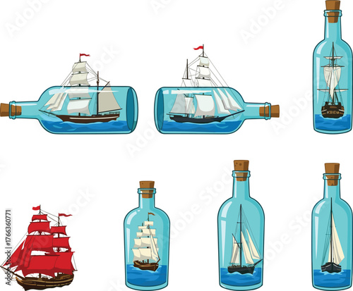 Ship in bottle, sailing ship, nautical art, maritime decor, vintage vessel, ocean theme, glass bottle, red sail, sea model, handcrafted ship