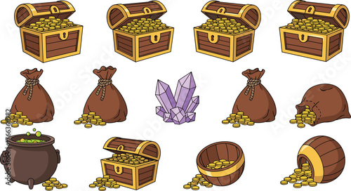 Treasure chest, gold coins, fantasy loot, crystal gem, cauldron wealth, money sack, barrel treasure, rich assets, cartoon style, vector