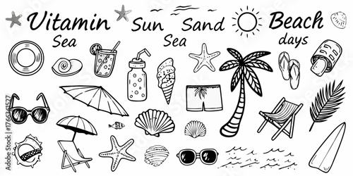 Collection of hand drawn beach vacation icons and text elements for summer fun