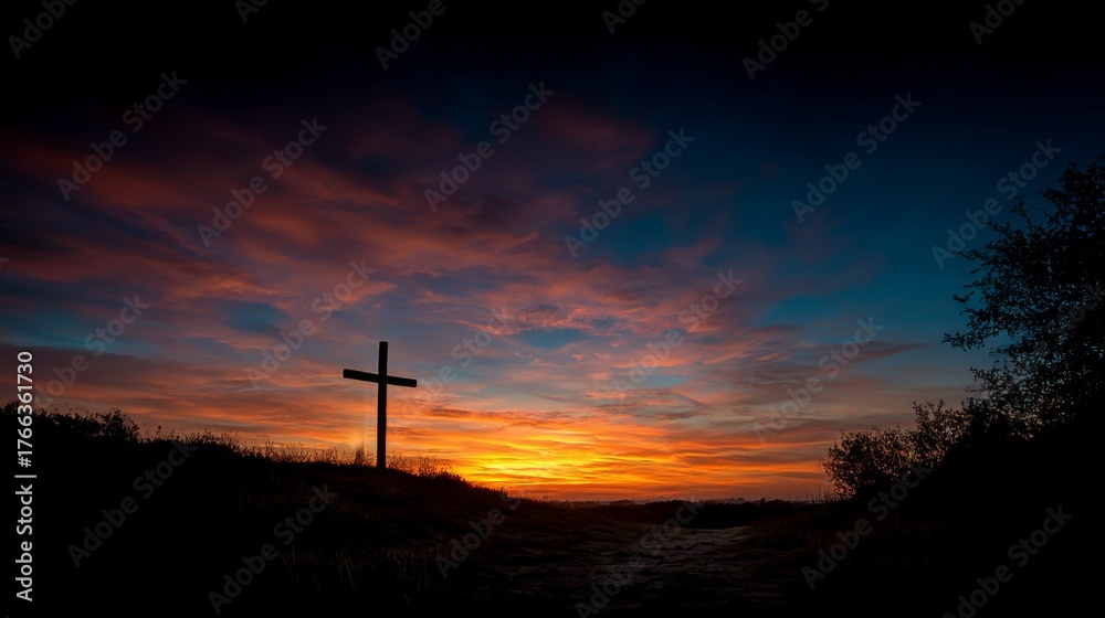 Obraz premium cross silhouetted against the sunset sky