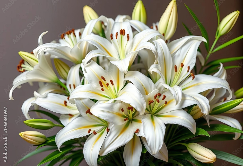 Fototapeta premium Elegant white lilies arranged in a lush bouquet, oriental lily, casablanca lily