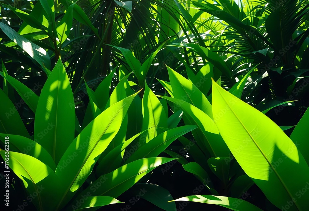 Fototapeta premium Lush vibrant green tropical leaves, sunlight dappled, jungle foliage background, green leaves, shadows