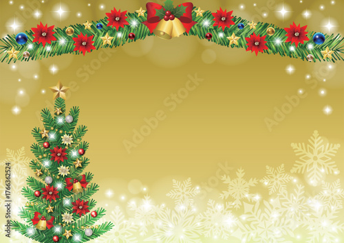 クリスマス背景、ツリーとモール、金、かわいい、イラスト、横