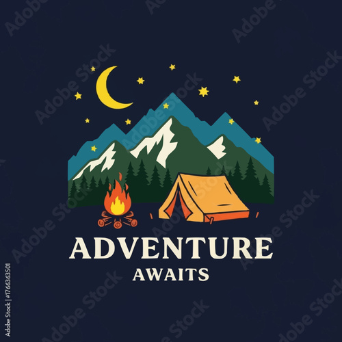 Camping Adventure Night Scene with Mountains and Campfire.