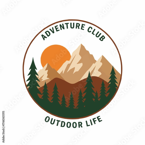 Adventure Club Outdoor Life Emblem with Mountains, Sun, and Evergreen Trees.