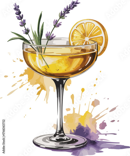 An isolated cold yellow cocktail in a martini glass with a lemon and lime garnish for a celebration drink