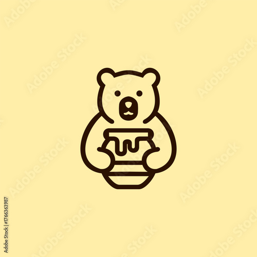 Cute minimalist bear logo holding a honey jar in simple line art style