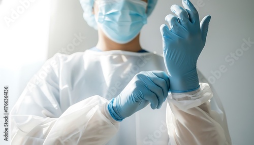 Healthcare Professional Donning PPE in Clinical Setting Medical Environment Action Shot