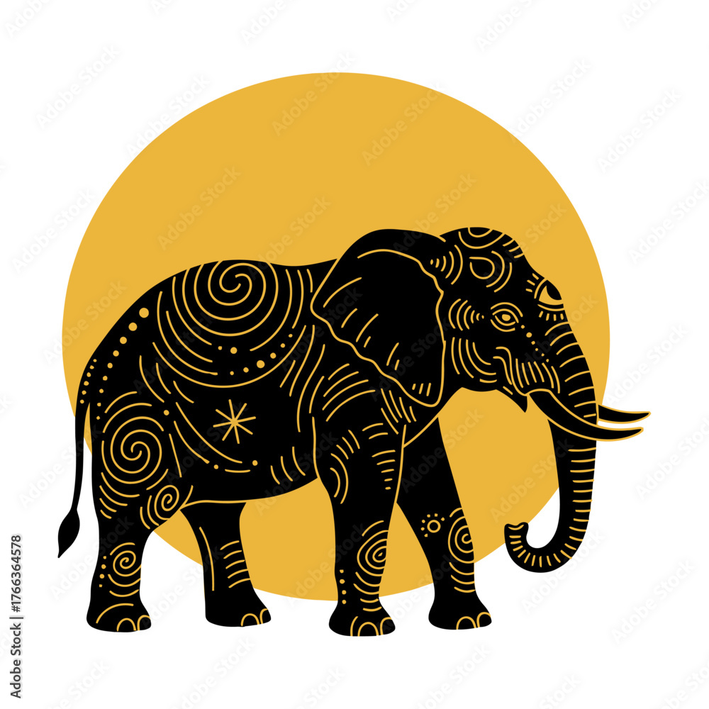 Fototapeta premium Stylized ornamental elephant with yellow sun. flat vector illustration