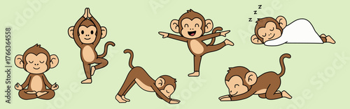 Cute cartoon monkey in various yoga and sleeping poses set. flat vector illustration
