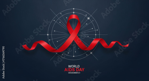Red ribbon symbolizing aids awareness and support against dark background with constellation overlay