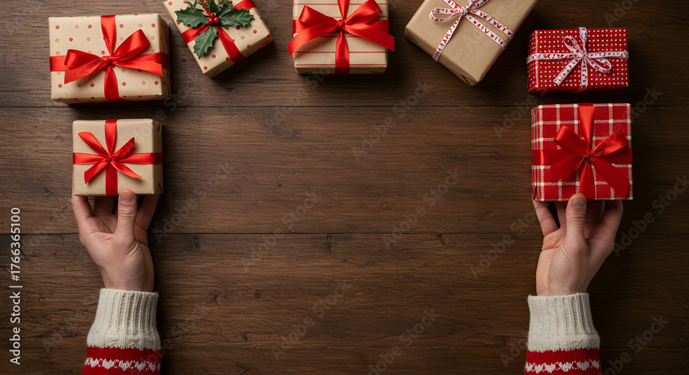 Fototapeta premium Man holding Christmas presents laid on a wooden table background