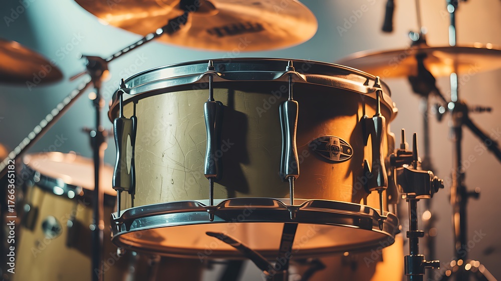 Fototapeta premium Closeup of a snare drum and cymbals on a drum kit, illuminated by stage lights