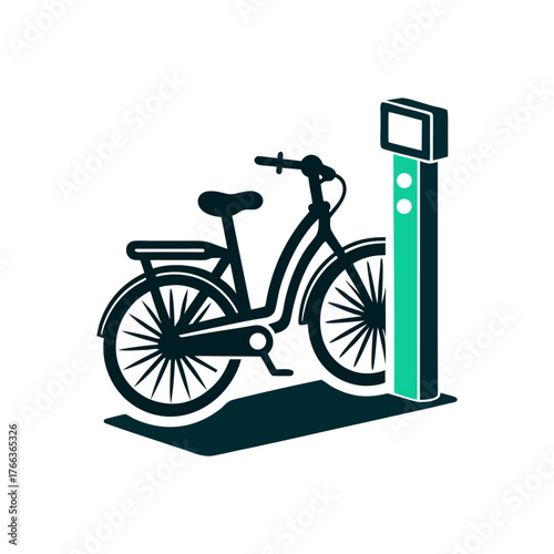 Bike Share Station Icon, Green and Blue Design A sky blue bike share station glows at night on a cerulean surface