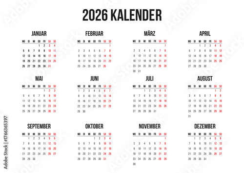 Classic German 2026 yearly calendar horizontal page A4 template minimal design. Layout Deutsch Kalender Wall or Desk Jahresplaner