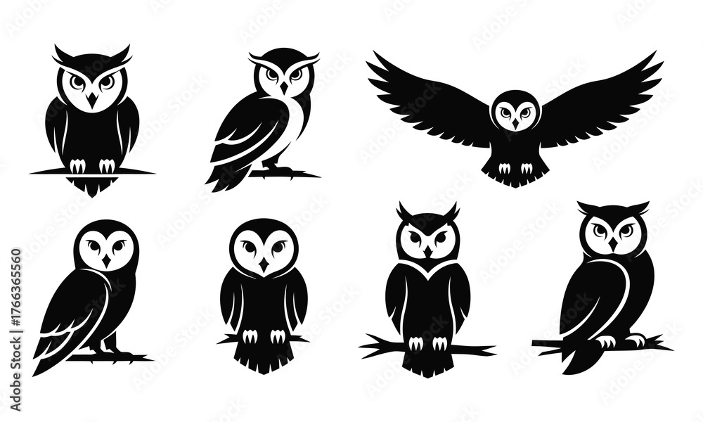 Fototapeta premium Owl Silhouette Set Black Vector Icons of Owls in Various Poses