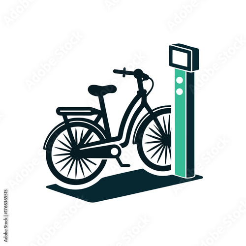 Bike Share Station Icon, Green and Blue Design A sky blue bike share station glows at night on a cerulean surface