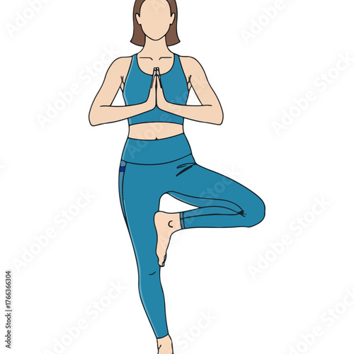 Woman in Tree Pose yoga Vrikshasana performing balance meditation in sportswear flat design illustration, Healthy lifestyle